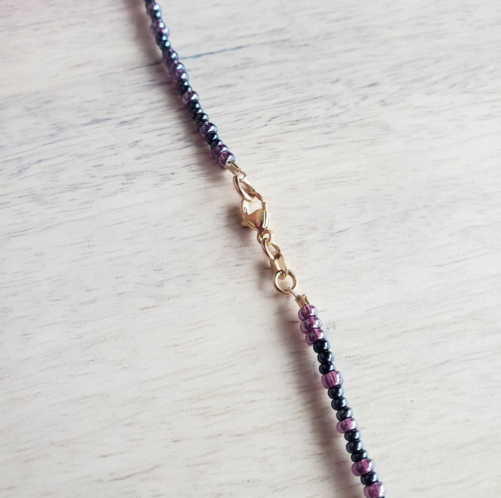 Dark Irridescent Purple Mixed Glass Long Beaded Necklace, 14K Gold Filled Lobster Claw Clasp, Plum Purple Beads, Gift Boxed, E. Ria Designs