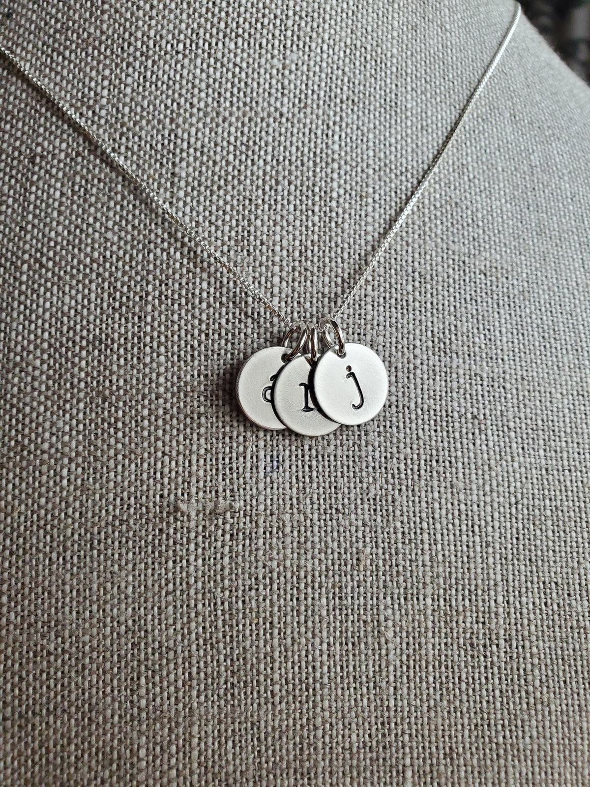 Three Letter Charm Necklace, Vintage Style Antiqued Initial Charms, Sterling Silver Personalized Jewelry, Hand Stamped Pendant E. Ria Design