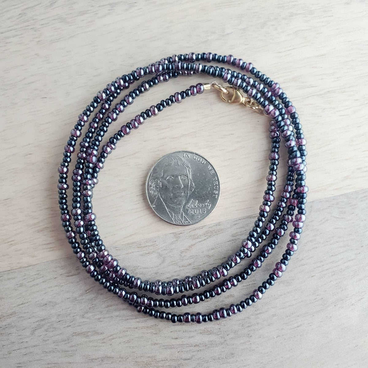 Dark Irridescent Purple Mixed Glass Long Beaded Necklace, 14K Gold Filled Lobster Claw Clasp, Plum Purple Beads, Gift Boxed, E. Ria Designs