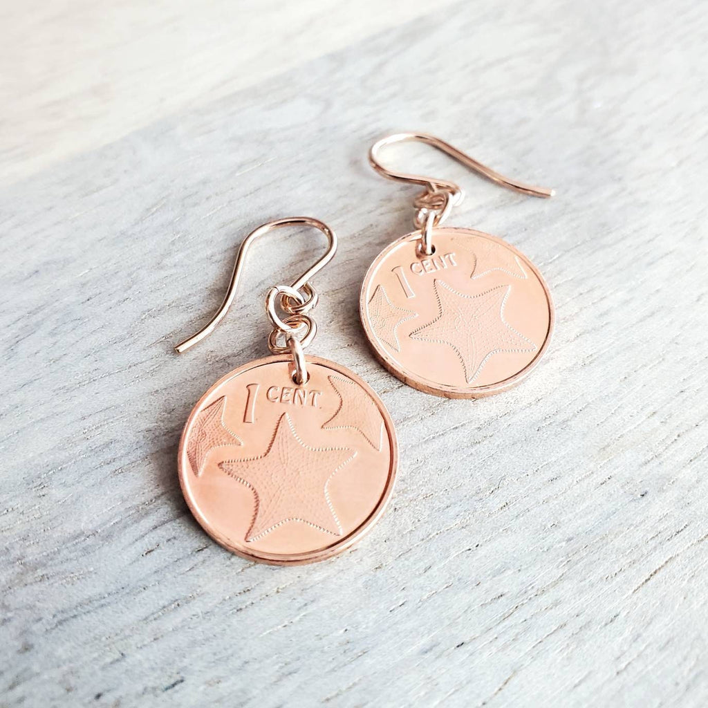 Starfish Coin Earrings, Rose Gold Ear Wires, Copper Starfish Charm Jewelry, Handcrafted by E. Ria Desings, Barbados 2015 Coins, Gift Boxed