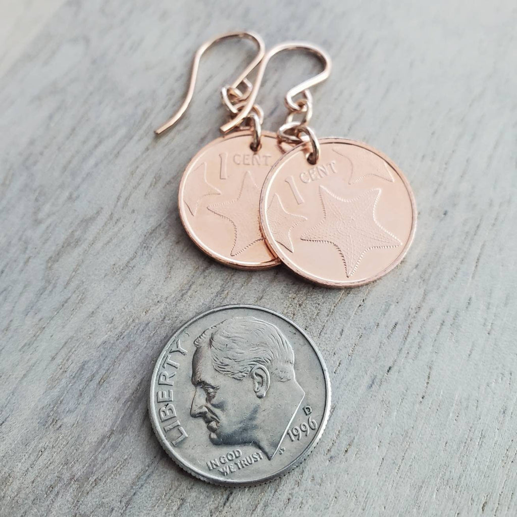 Starfish Coin Earrings, Rose Gold Ear Wires, Copper Starfish Charm Jewelry, Handcrafted by E. Ria Desings, Barbados 2015 Coins, Gift Boxed