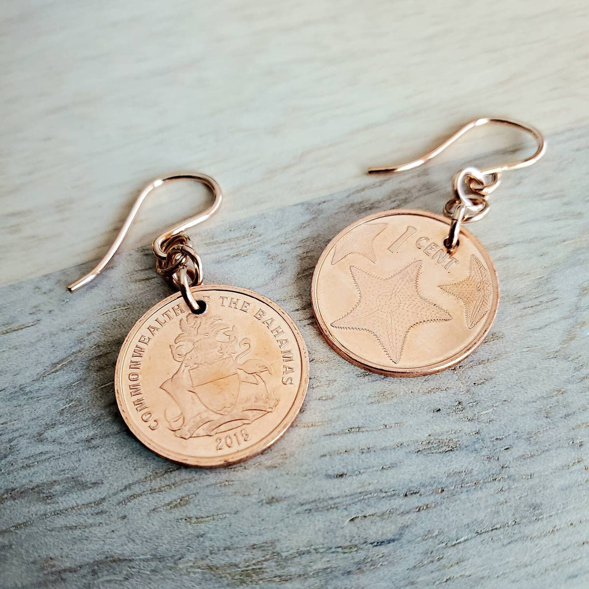 Starfish Coin Earrings, Rose Gold Ear Wires, Copper Starfish Charm Jewelry, Handcrafted by E. Ria Desings, Barbados 2015 Coins, Gift Boxed