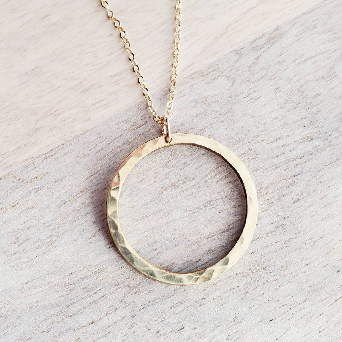 Large Gold Ring Necklace, Hammered Solid Brass Eternity Ring, 14K Gold Filled Cable Chain, Made in USA, E. Ria Designs, Gift Boxed