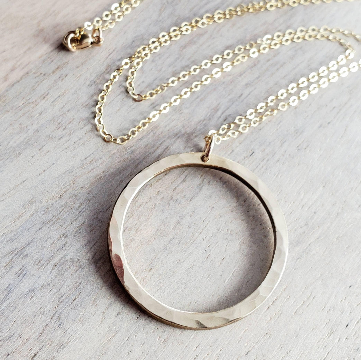 Large Gold Ring Necklace, Hammered Solid Brass Eternity Ring, 14K Gold Filled Cable Chain, Made in USA, E. Ria Designs, Gift Boxed