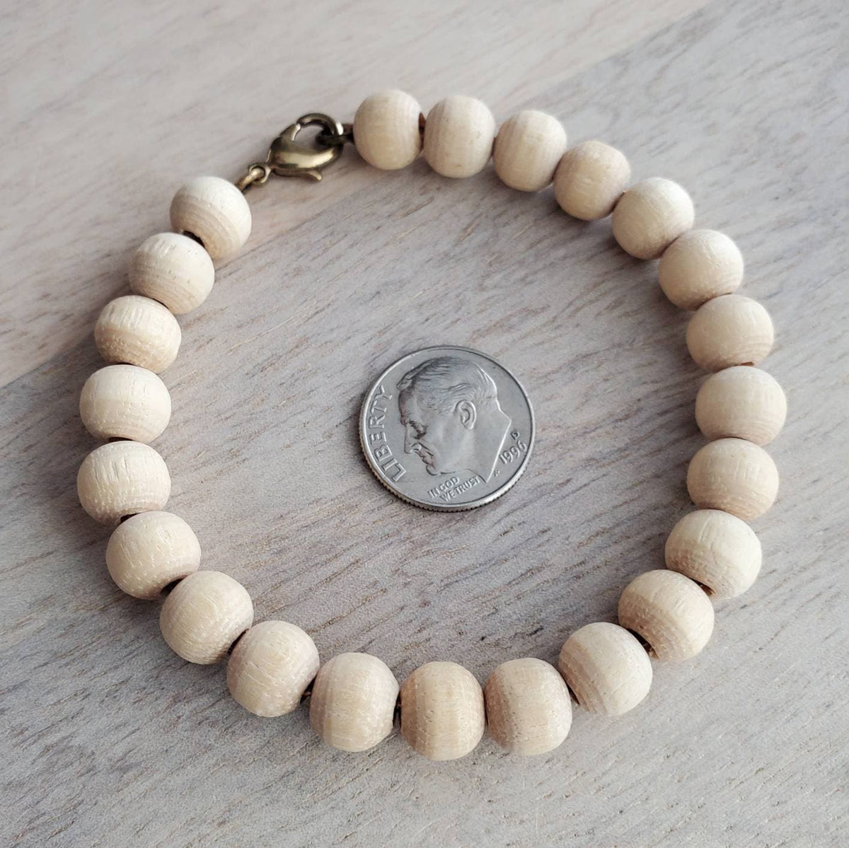 Natural Wood Bead Bracelet on Brass Chain, Lobster Claw Clasp, Choose Length, Boho Jewelry, Made in USA, E. Ria Designs