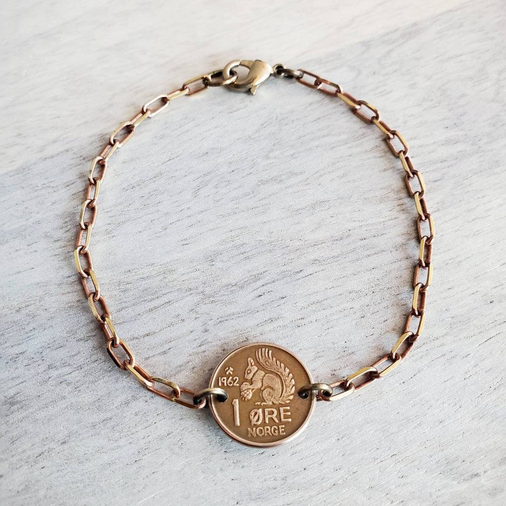 Squirrel Bracelet, Crown Coin, Norway Squirrel With Acorn Ore, Brass Paperclip Link Bracelet, Handcrafted Artisan Jewelry by E. Ria Designs