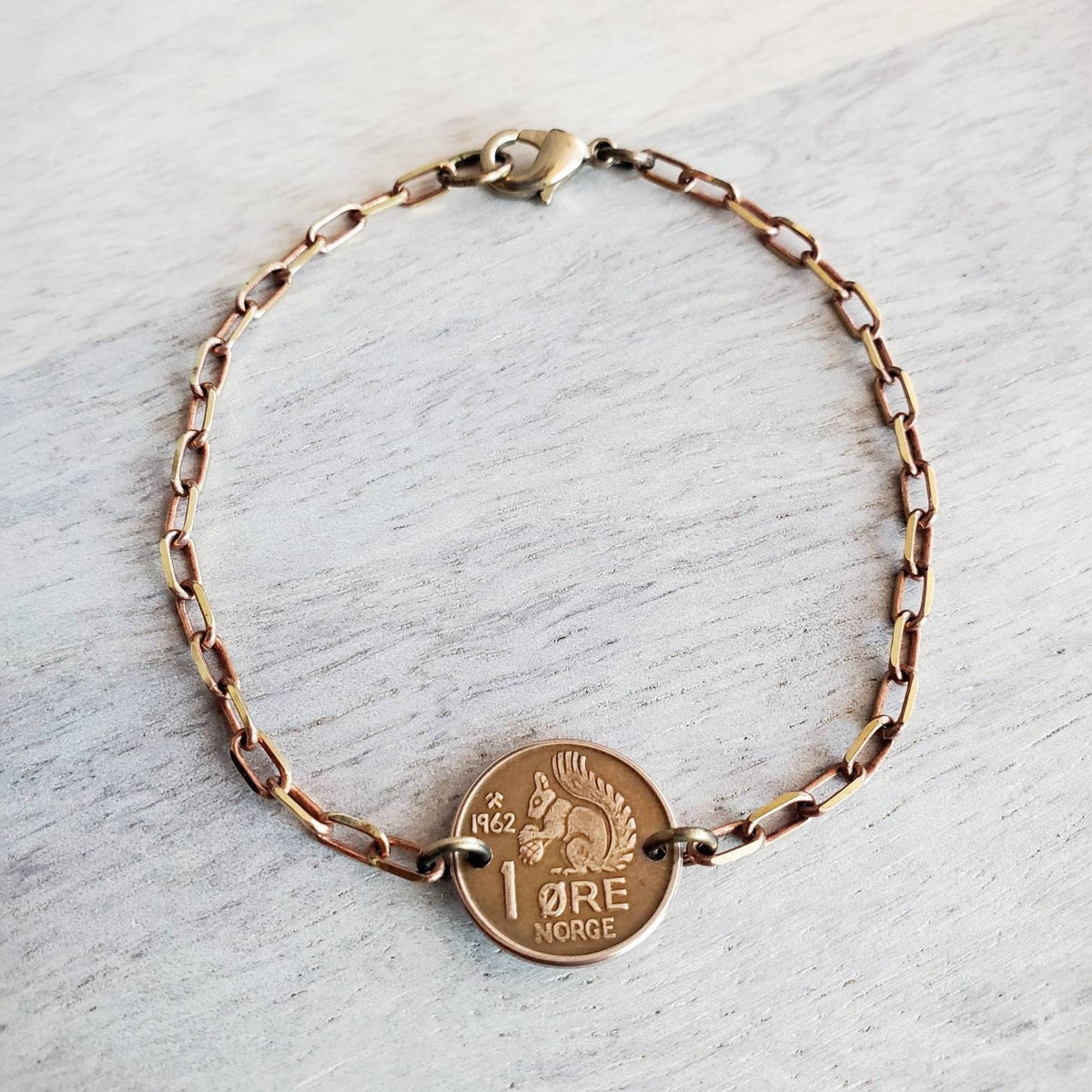 Squirrel Bracelet, Crown Coin, Norway Squirrel With Acorn Ore, Brass Paperclip Link Bracelet, Handcrafted Artisan Jewelry by E. Ria Designs