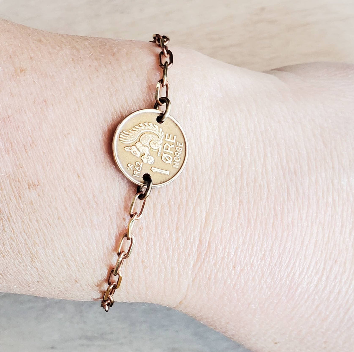 Squirrel Bracelet, Crown Coin, Norway Squirrel With Acorn Ore, Brass Paperclip Link Bracelet, Handcrafted Artisan Jewelry by E. Ria Designs