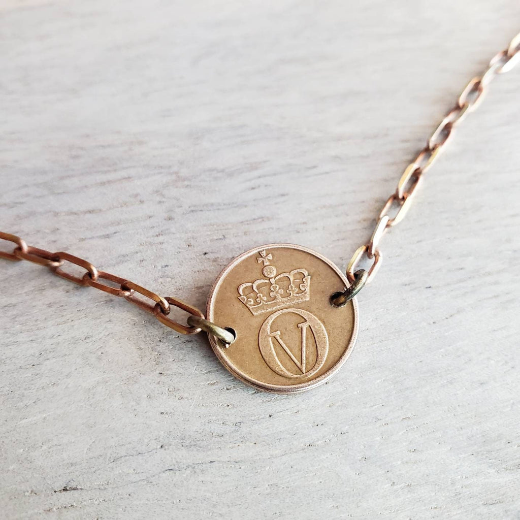 Squirrel Bracelet, Crown Coin, Norway Squirrel With Acorn Ore, Brass Paperclip Link Bracelet, Handcrafted Artisan Jewelry by E. Ria Designs