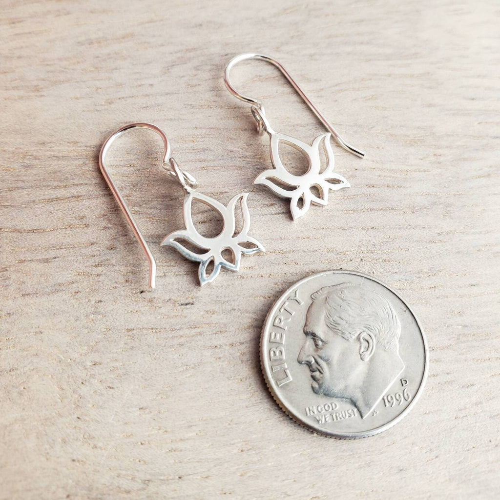 Sterling Silver Lotus Earrings, Gift Boxed, Yoga Gift, Flower Jewelry Handmade in USA by E. Ria Designs, Simple Everyday Jewelry
