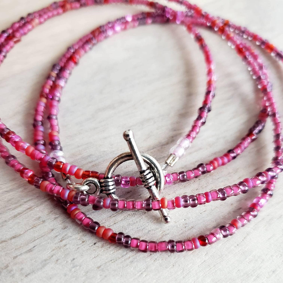 Cranberry Glass Beaded Long Necklace, Mixed Pinks and Fuchsia, Pewter Toggle Clasp, 30" & 36", Handmade in USA by E. Ria Designs, Gift Boxed