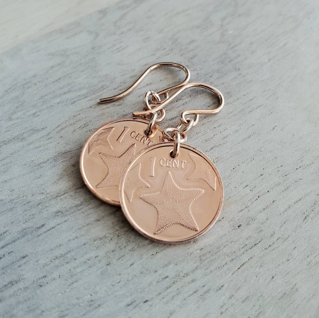 Starfish Coin Earrings, Rose Gold Ear Wires, Copper Starfish Charm Jewelry, Handcrafted by E. Ria Desings, Barbados 2015 Coins, Gift Boxed