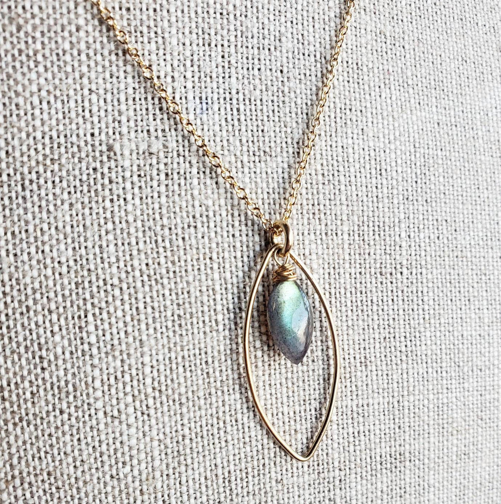 Labradorite Marquis and Gold Necklace, 14K Gold Filled, Blue Genuine Gemstone, Marquis Gold Wire Connector, Cable Chain, Gift Boxed