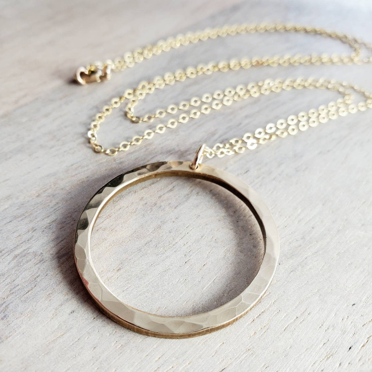Large Gold Ring Necklace, Hammered Solid Brass Eternity Ring, 14K Gold Filled Cable Chain, Made in USA, E. Ria Designs, Gift Boxed