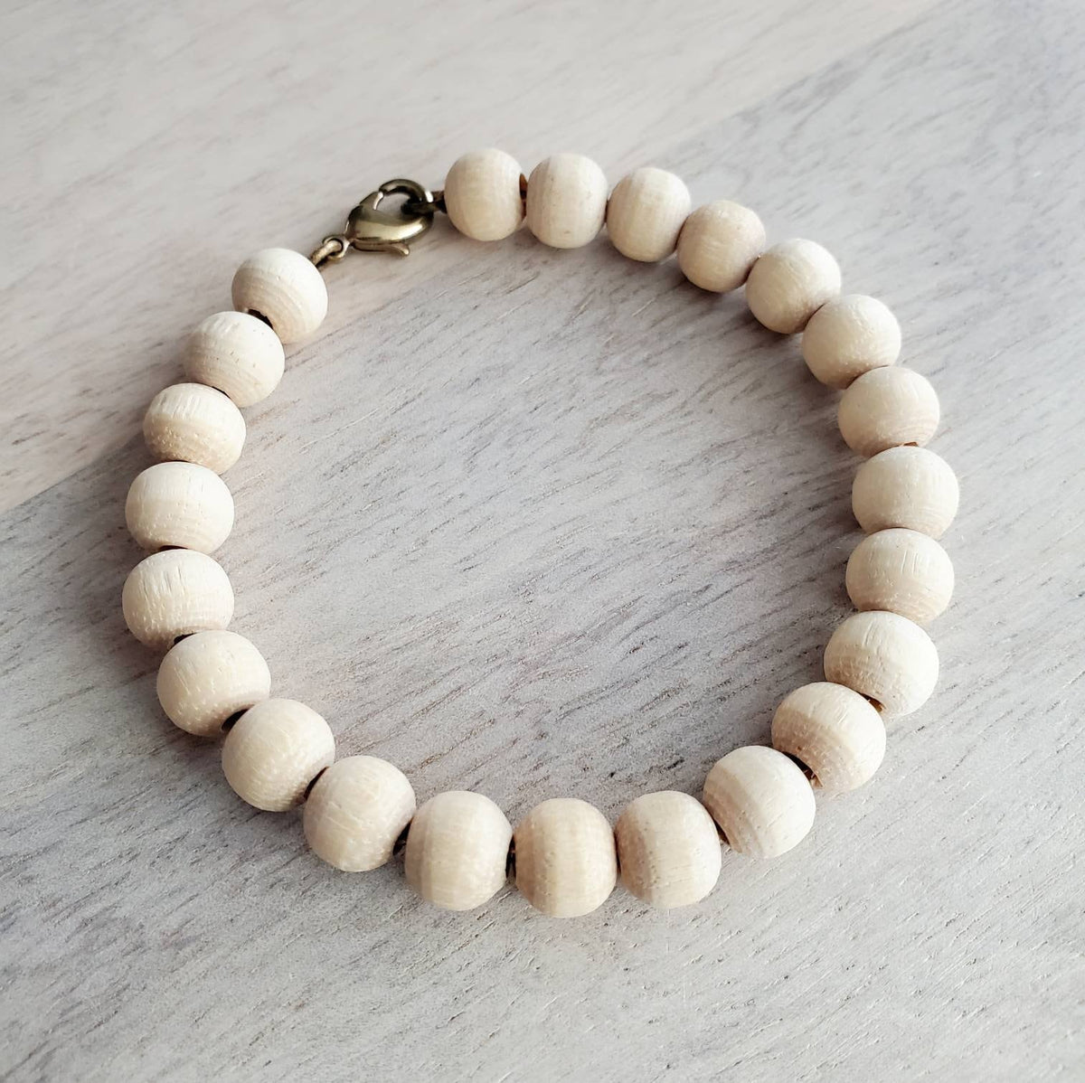 Natural Wood Bead Bracelet on Brass Chain, Lobster Claw Clasp, Choose Length, Boho Jewelry, Made in USA, E. Ria Designs