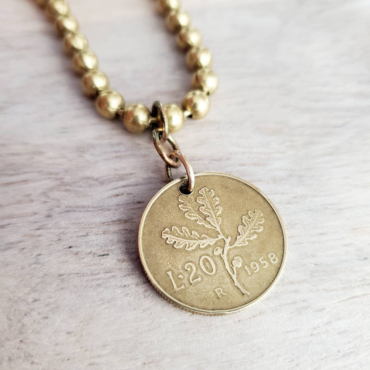 Vintage Italy Coin Necklace, Brass Ball Chain, Oak Leaves Acorn Coin, L 20, Republica Italiana, Gift Box Birthday Gift, E. Ria Designs