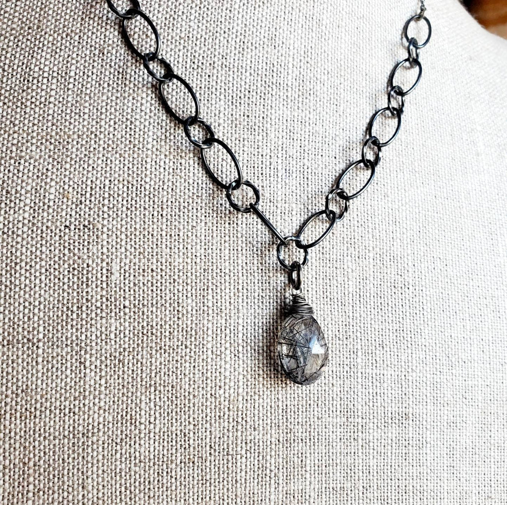 Rutilated Quartz Pendant Oxidized Antiqued Sterling Silver Necklace, 925 Made in USA, Handcrafted Artisan Necklace, Gift Box, E. Ria Designs