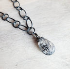 Rutilated Quartz Pendant Oxidized Antiqued Sterling Silver Necklace, 925 Made in USA, Handcrafted Artisan Necklace, Gift Box, E. Ria Designs