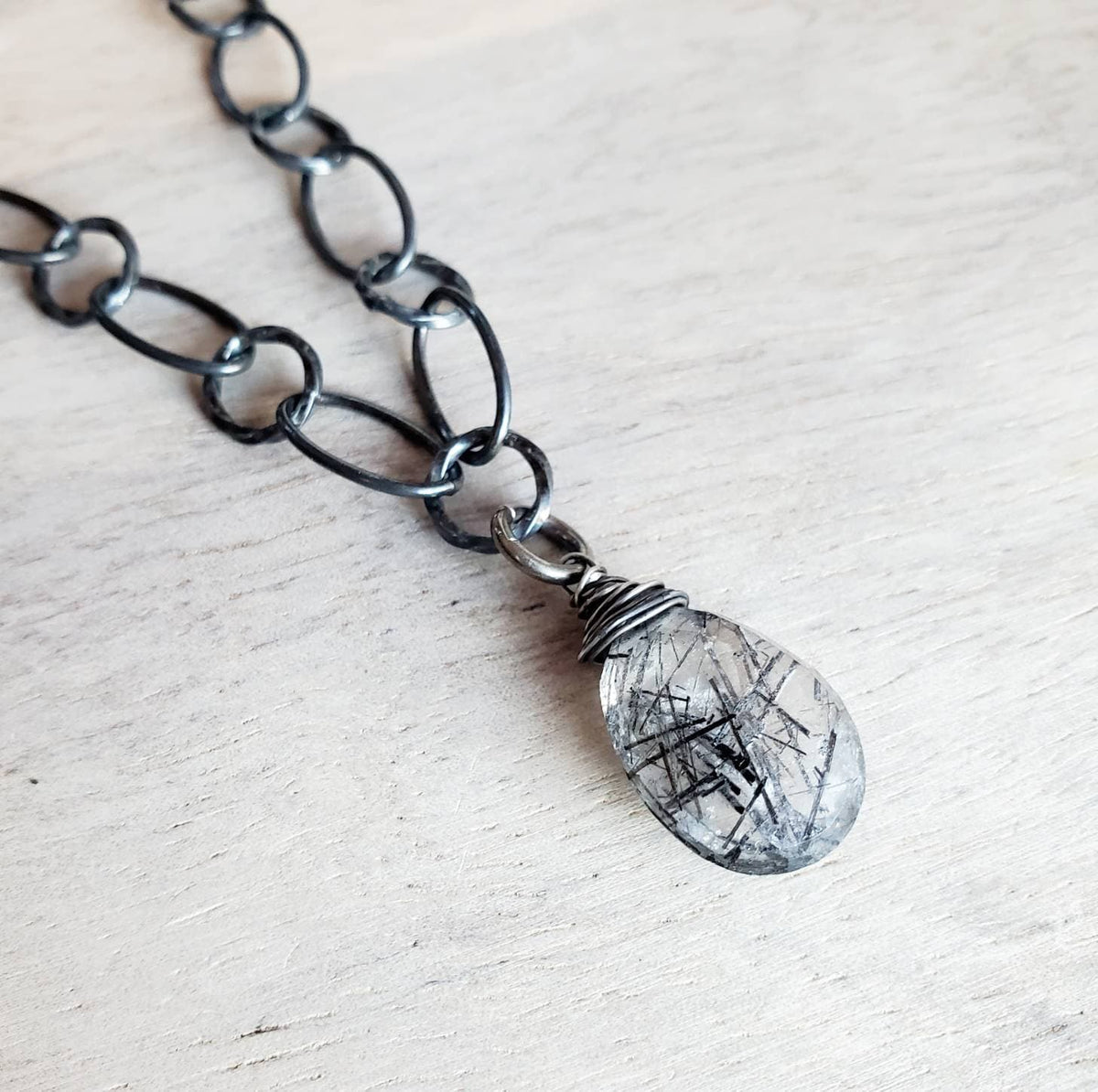 Rutilated Quartz Pendant Oxidized Antiqued Sterling Silver Necklace, 925 Made in USA, Handcrafted Artisan Necklace, Gift Box, E. Ria Designs