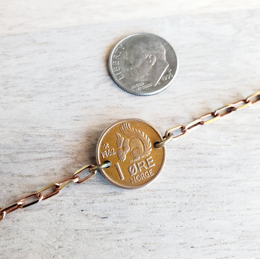 Squirrel Bracelet, Crown Coin, Norway Squirrel With Acorn Ore, Brass Paperclip Link Bracelet, Handcrafted Artisan Jewelry by E. Ria Designs