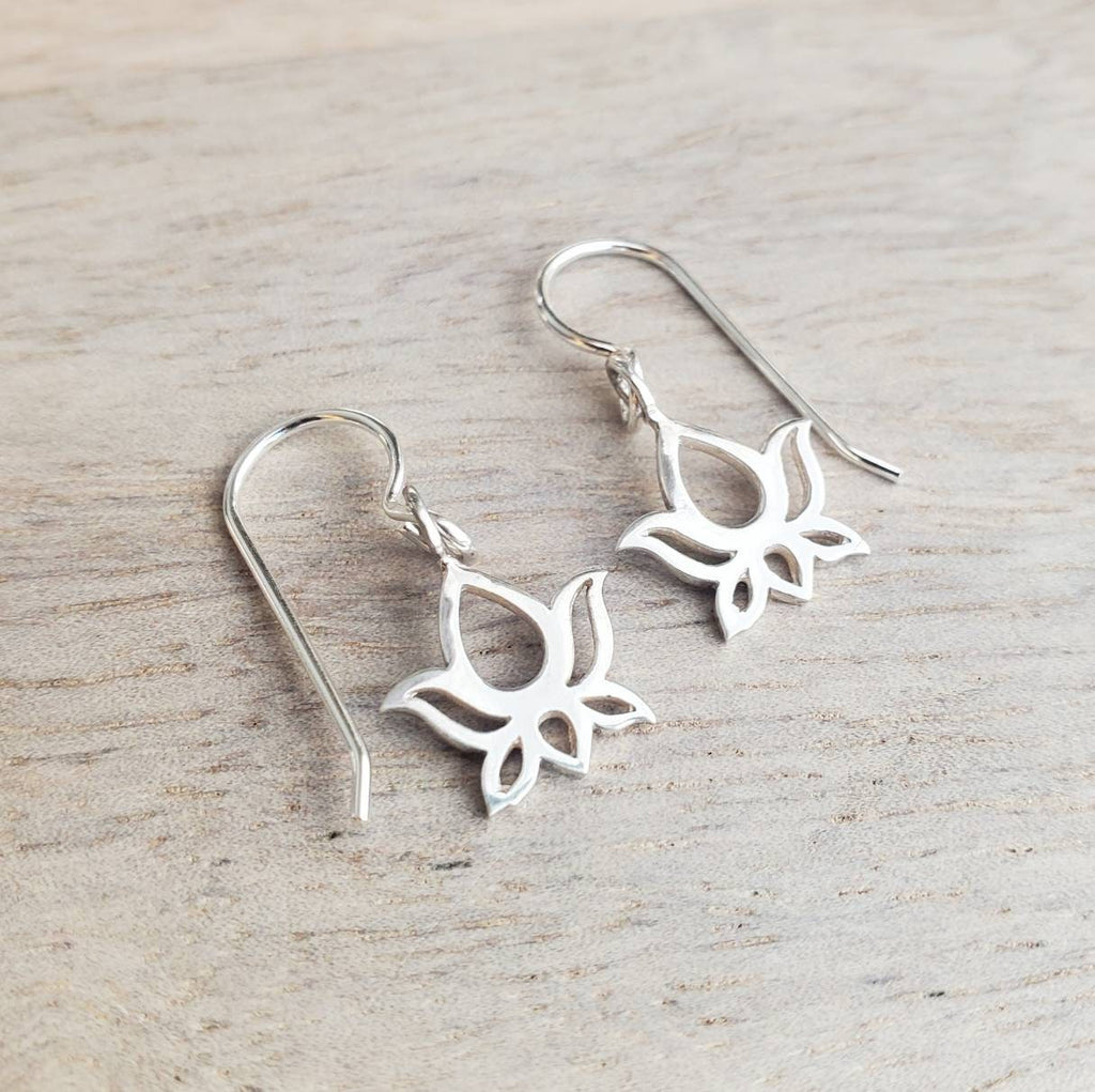 Sterling Silver Lotus Earrings, Gift Boxed, Yoga Gift, Flower Jewelry Handmade in USA by E. Ria Designs, Simple Everyday Jewelry