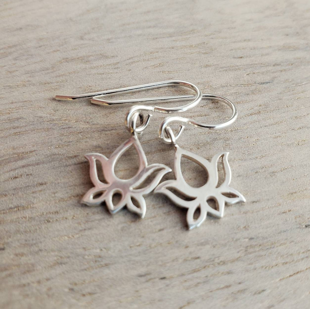 Sterling Silver Lotus Earrings, Gift Boxed, Yoga Gift, Flower Jewelry Handmade in USA by E. Ria Designs, Simple Everyday Jewelry