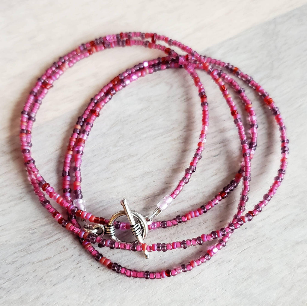 Cranberry Glass Beaded Long Necklace, Mixed Pinks and Fuchsia, Pewter Toggle Clasp, 30" & 36", Handmade in USA by E. Ria Designs, Gift Boxed