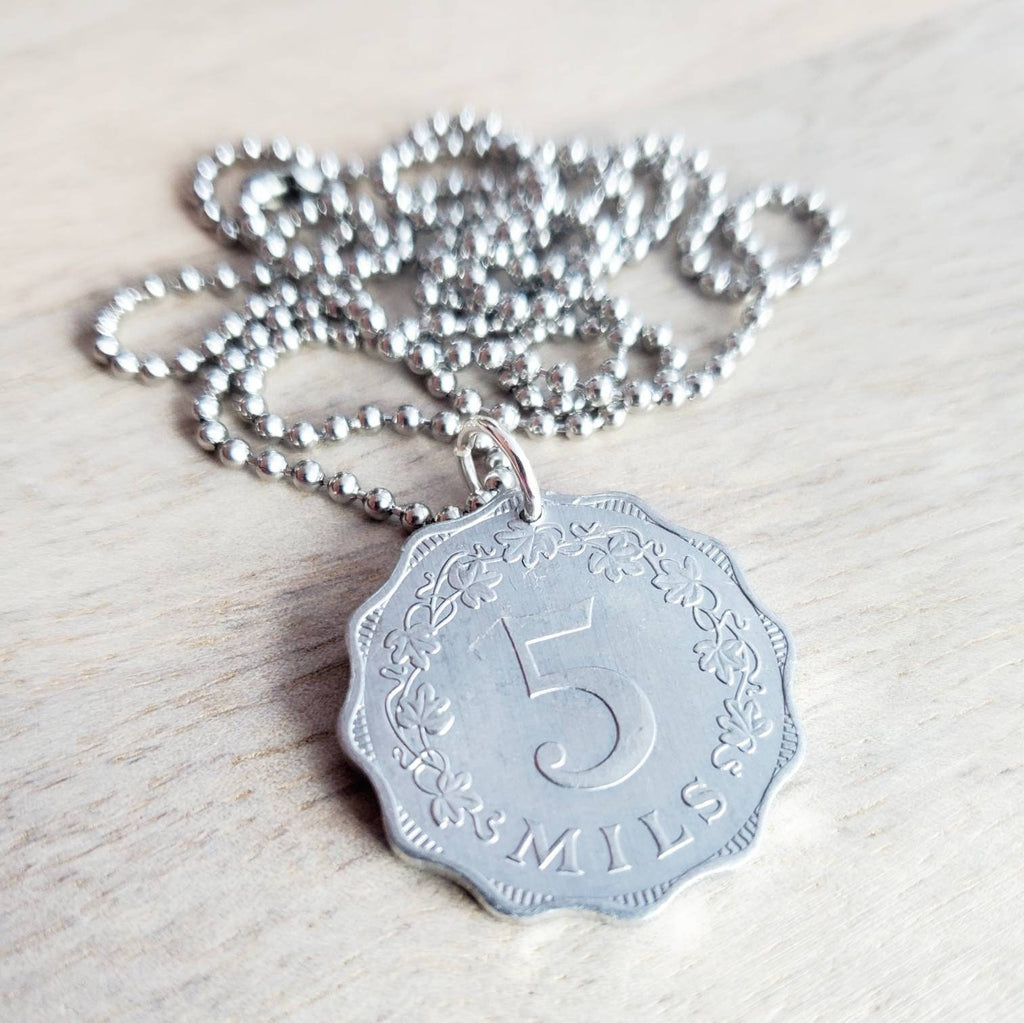 1972 Water Jug Malta Coin Necklace, Scalloped 5 Mils Coin, Stainless Steel Ball Chain, Gift Boxed Made in USA by E. Ria Designs