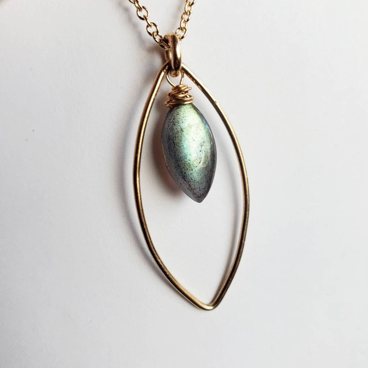 Labradorite Marquis and Gold Necklace, 14K Gold Filled, Blue Genuine Gemstone, Marquis Gold Wire Connector, Cable Chain, Gift Boxed