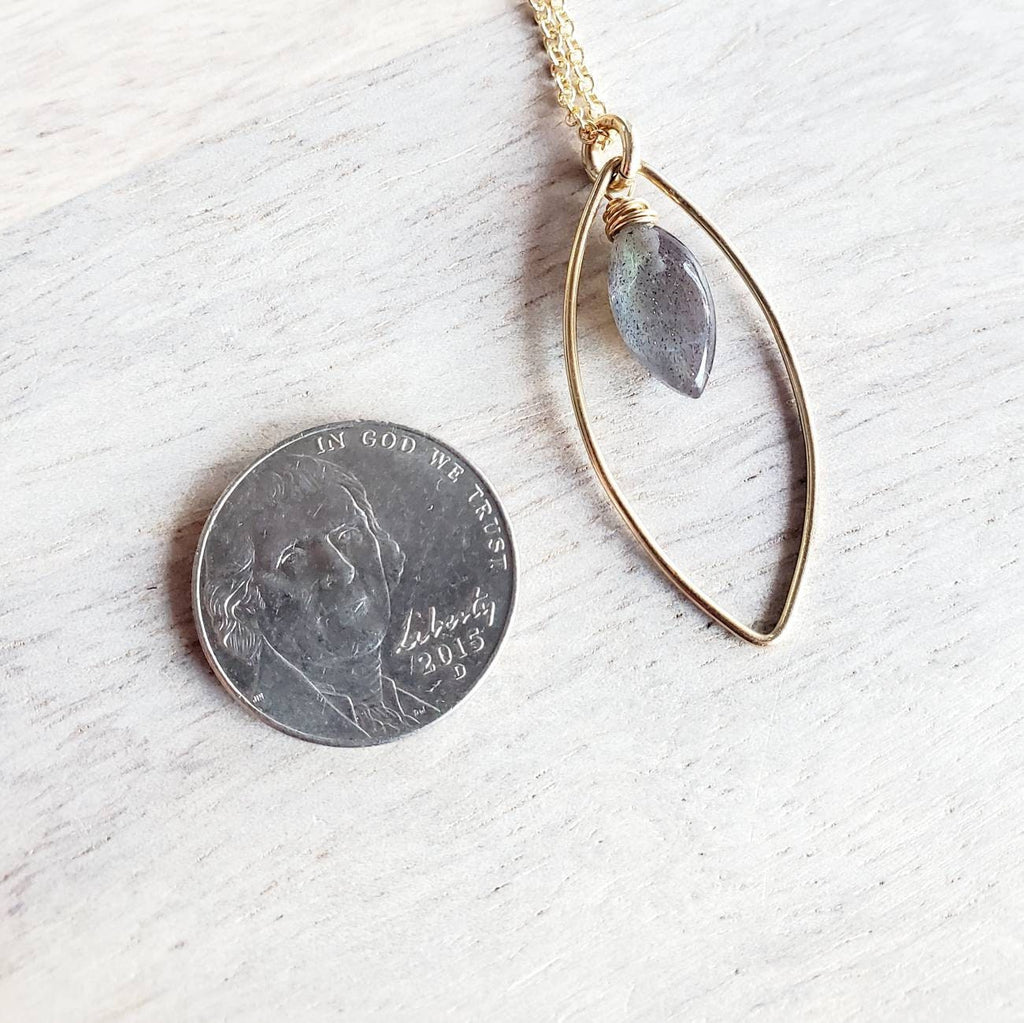 Labradorite Marquis and Gold Necklace, 14K Gold Filled, Blue Genuine Gemstone, Marquis Gold Wire Connector, Cable Chain, Gift Boxed