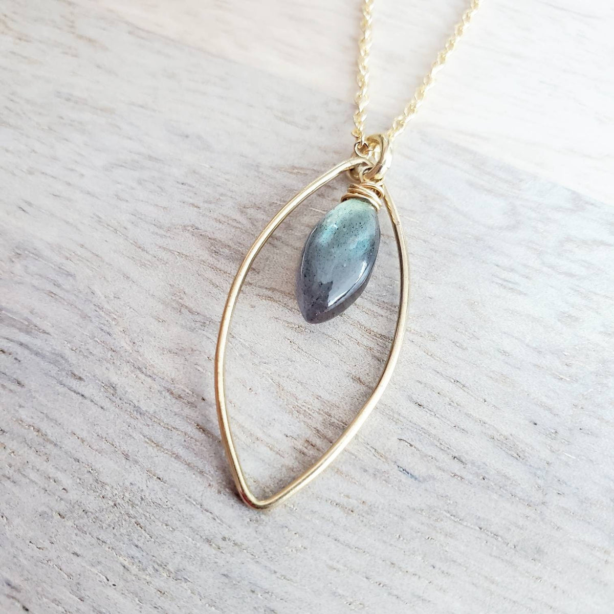 Labradorite Marquis and Gold Necklace, 14K Gold Filled, Blue Genuine Gemstone, Marquis Gold Wire Connector, Cable Chain, Gift Boxed