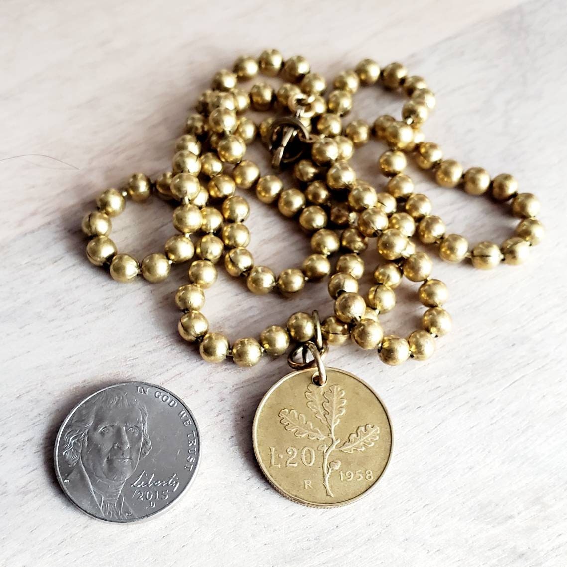 Vintage Italy Coin Necklace, Brass Ball Chain, Oak Leaves Acorn Coin, L 20, Republica Italiana, Gift Box Birthday Gift, E. Ria Designs