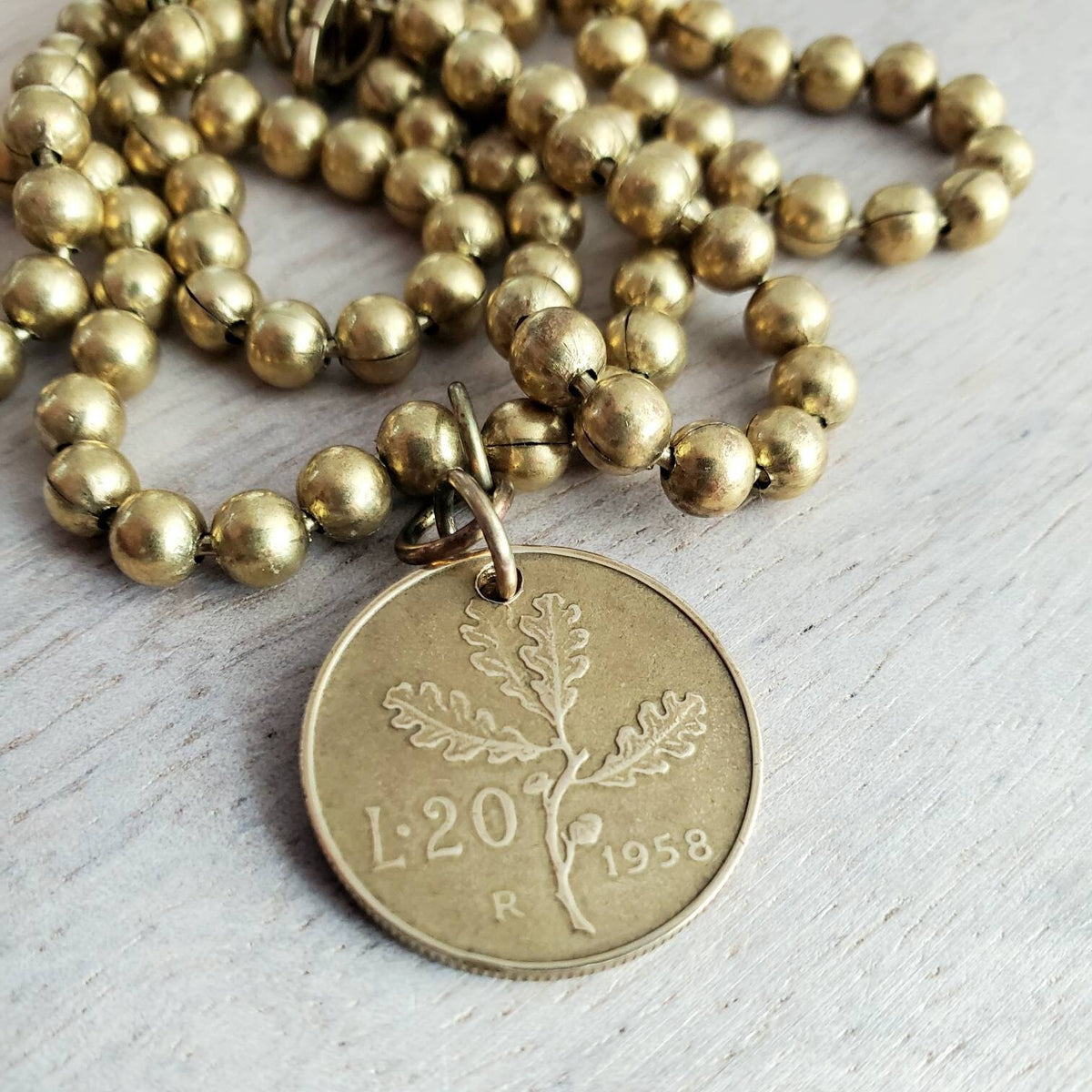 Vintage Italy Coin Necklace, Brass Ball Chain, Oak Leaves Acorn Coin, L 20, Republica Italiana, Gift Box Birthday Gift, E. Ria Designs