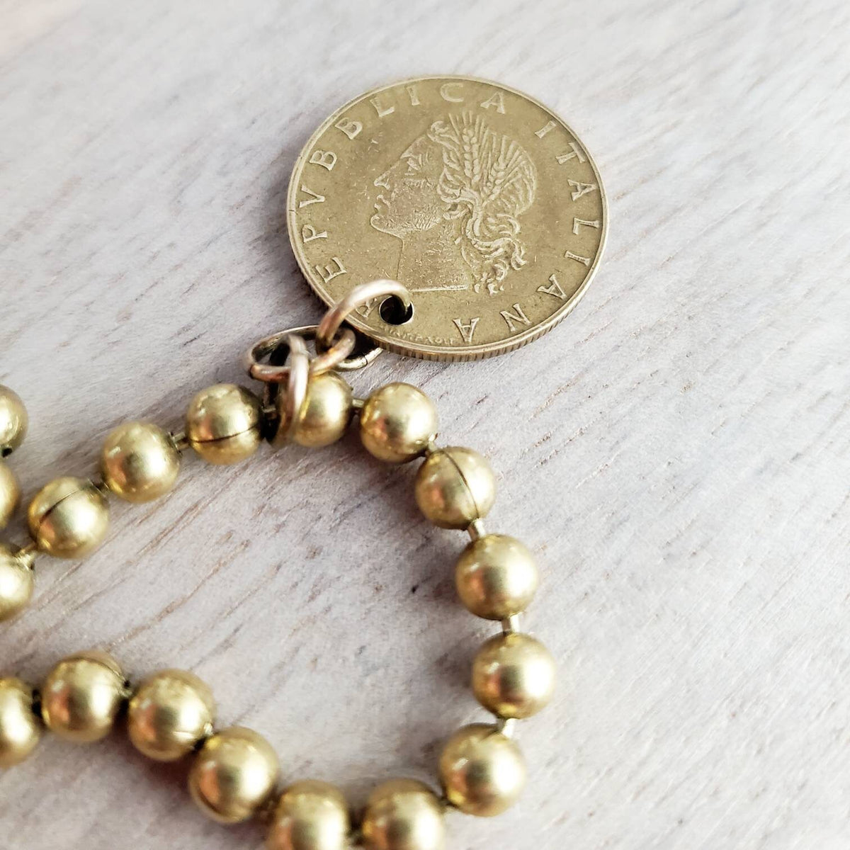 Vintage Italy Coin Necklace, Brass Ball Chain, Oak Leaves Acorn Coin, L 20, Republica Italiana, Gift Box Birthday Gift, E. Ria Designs