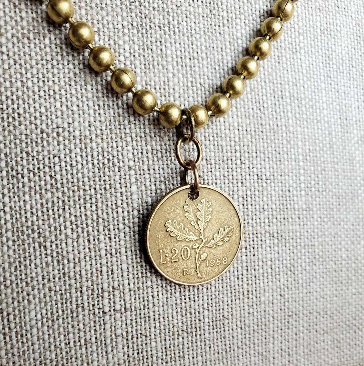 Vintage Italy Coin Necklace, Brass Ball Chain, Oak Leaves Acorn Coin, L 20, Republica Italiana, Gift Box Birthday Gift, E. Ria Designs