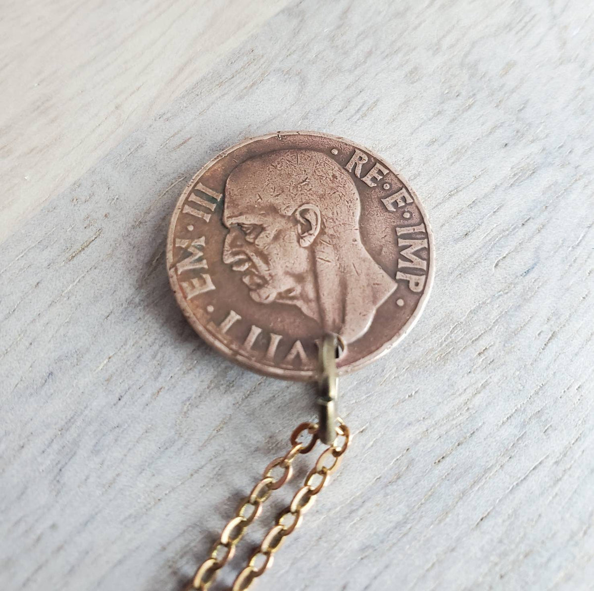 1939 Vintage Italia (Italy) 10 Centesimi Coin Necklace, Shield, Wheat, Oak Leaf Design, Italian Gift Boxed Jewelry, Made in USA