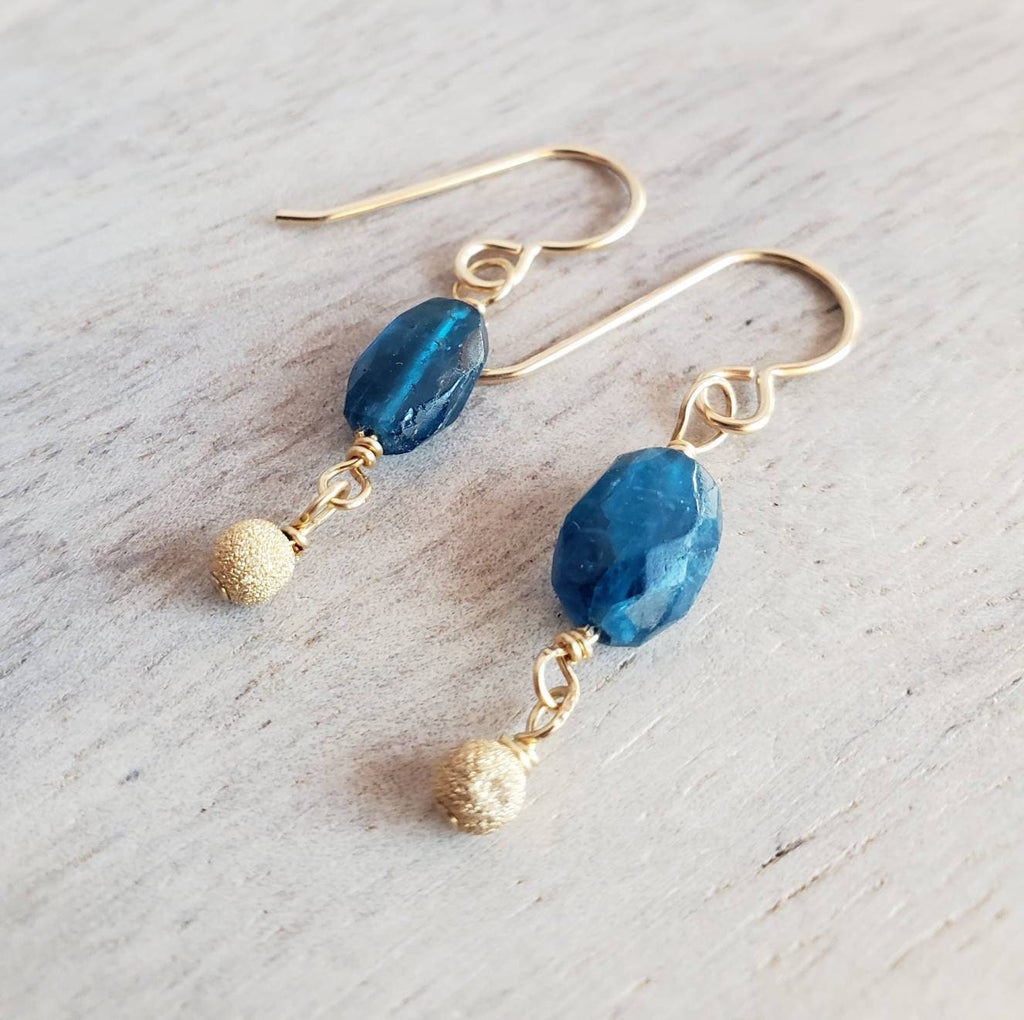 Kyanite and Gold Filled Earrings, Genuine Deep Aqua Gemstone, 14K Gold Fill Shimmery Beads, French Ear Wires, Artisan Handcrafted
