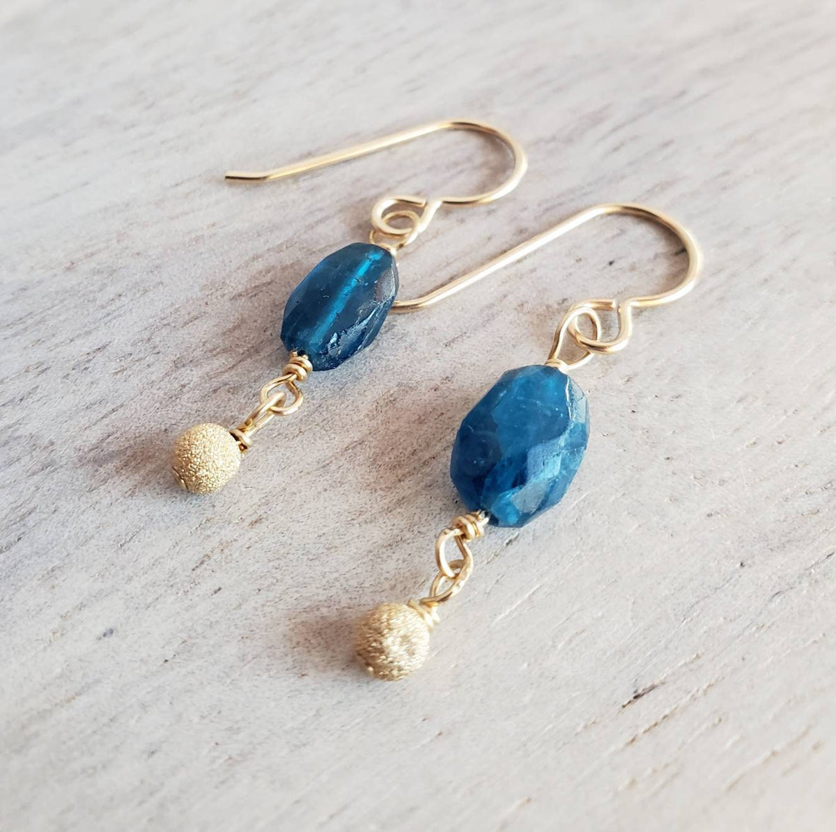 Kyanite and Gold Filled Earrings, Genuine Deep Aqua Gemstone, 14K Gold Fill Shimmery Beads, French Ear Wires, Artisan Handcrafted
