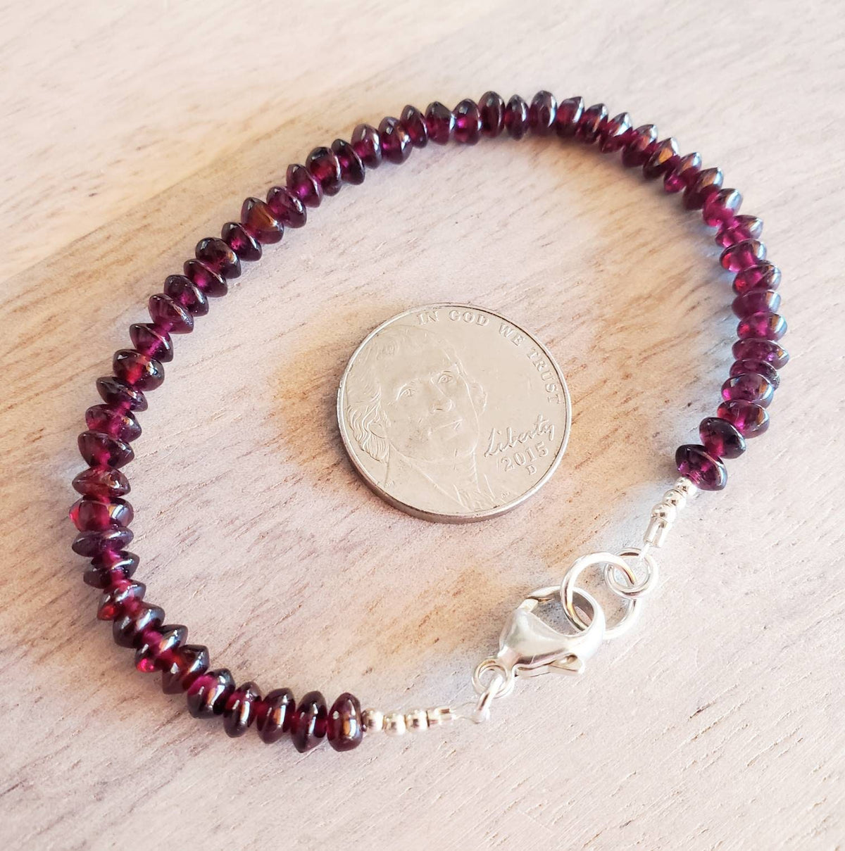 Genuine Garnet Bracelet, 925 Sterling Silver Clasp, January Birthstone Birthday Gift, Gift Boxed, Made in USA, Saucer Beads