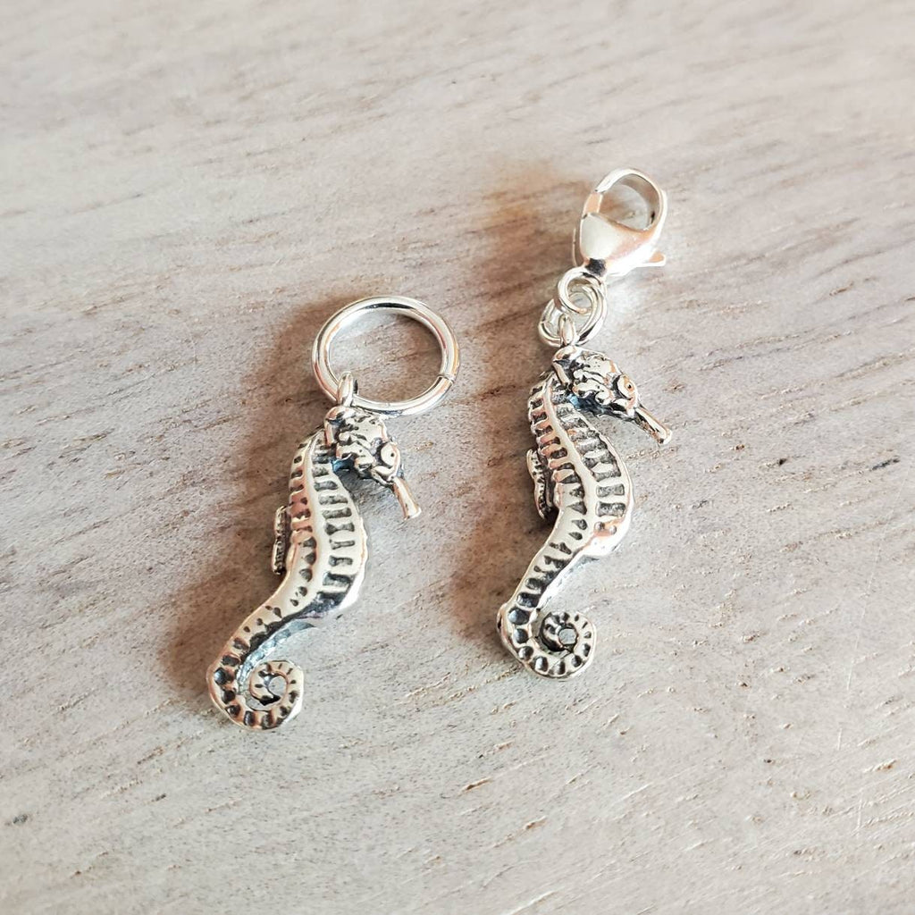 Solid .925 Sterling Silver Seahorse Charm, 3-D, Beach, Ocean, Sealife, Add to Bracelet or Necklace, Lobster Clasp Optional, E. Ria Designs