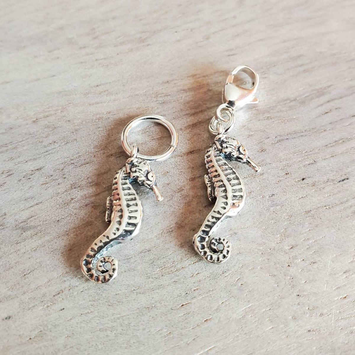Solid .925 Sterling Silver Seahorse Charm, 3-D, Beach, Ocean, Sealife, Add to Bracelet or Necklace, Lobster Clasp Optional, E. Ria Designs
