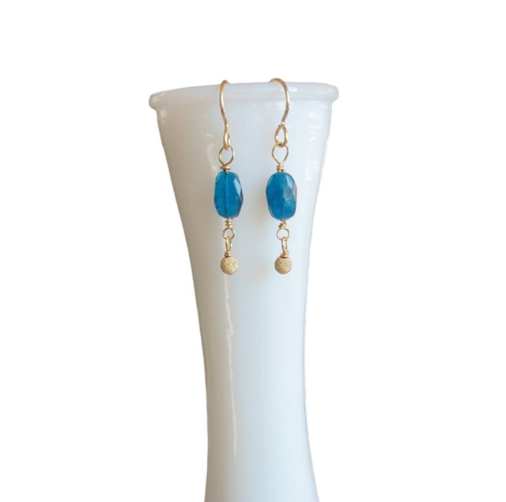 Kyanite and Gold Filled Earrings, Genuine Deep Aqua Gemstone, 14K Gold Fill Shimmery Beads, French Ear Wires, Artisan Handcrafted