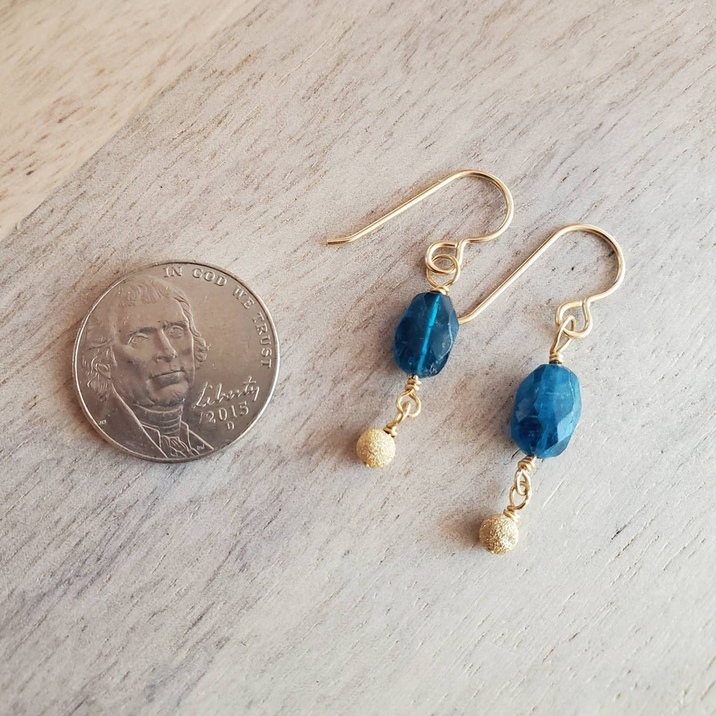 Kyanite and Gold Filled Earrings, Genuine Deep Aqua Gemstone, 14K Gold Fill Shimmery Beads, French Ear Wires, Artisan Handcrafted