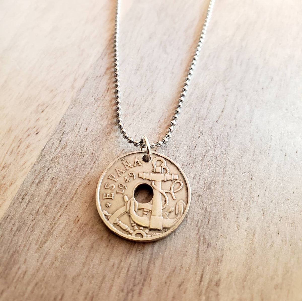 1949 Vintage Espana (Spain) Anchor Coin Necklace, Stainless Steel 30" Ball Chain, Gift Boxed, 50 Centimos Washer Coin