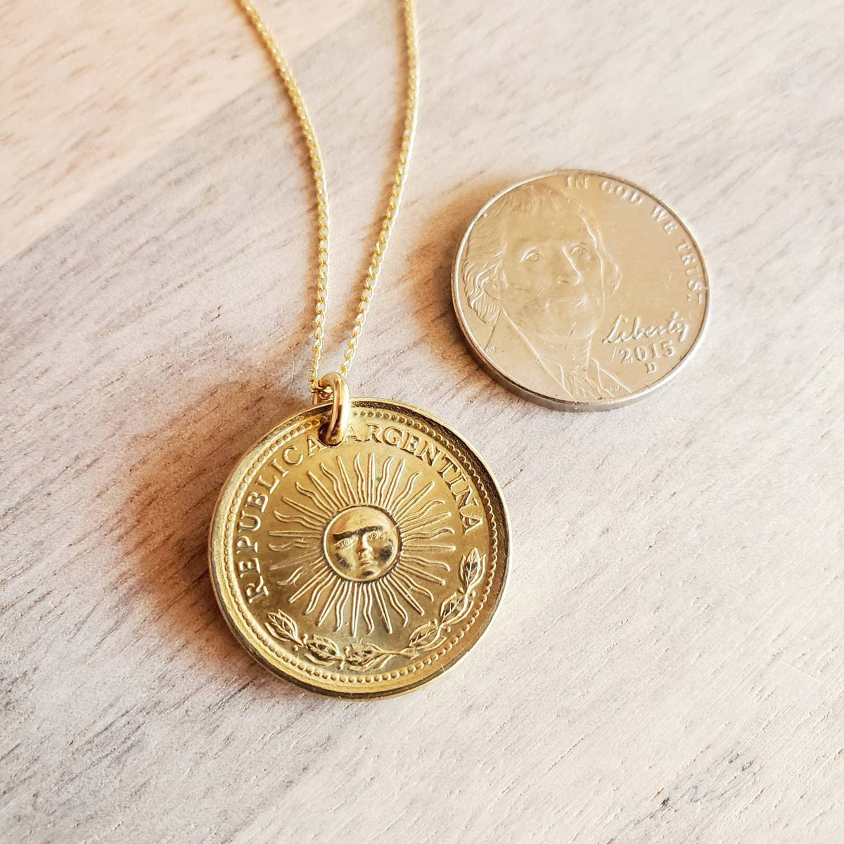 1975 Argentina Gold Sun Coin Necklace, 1 Peso, 12K Gold Filled 18 Inch Curb Chain, Gift Boxed, Made in USA by E. Ria Designs