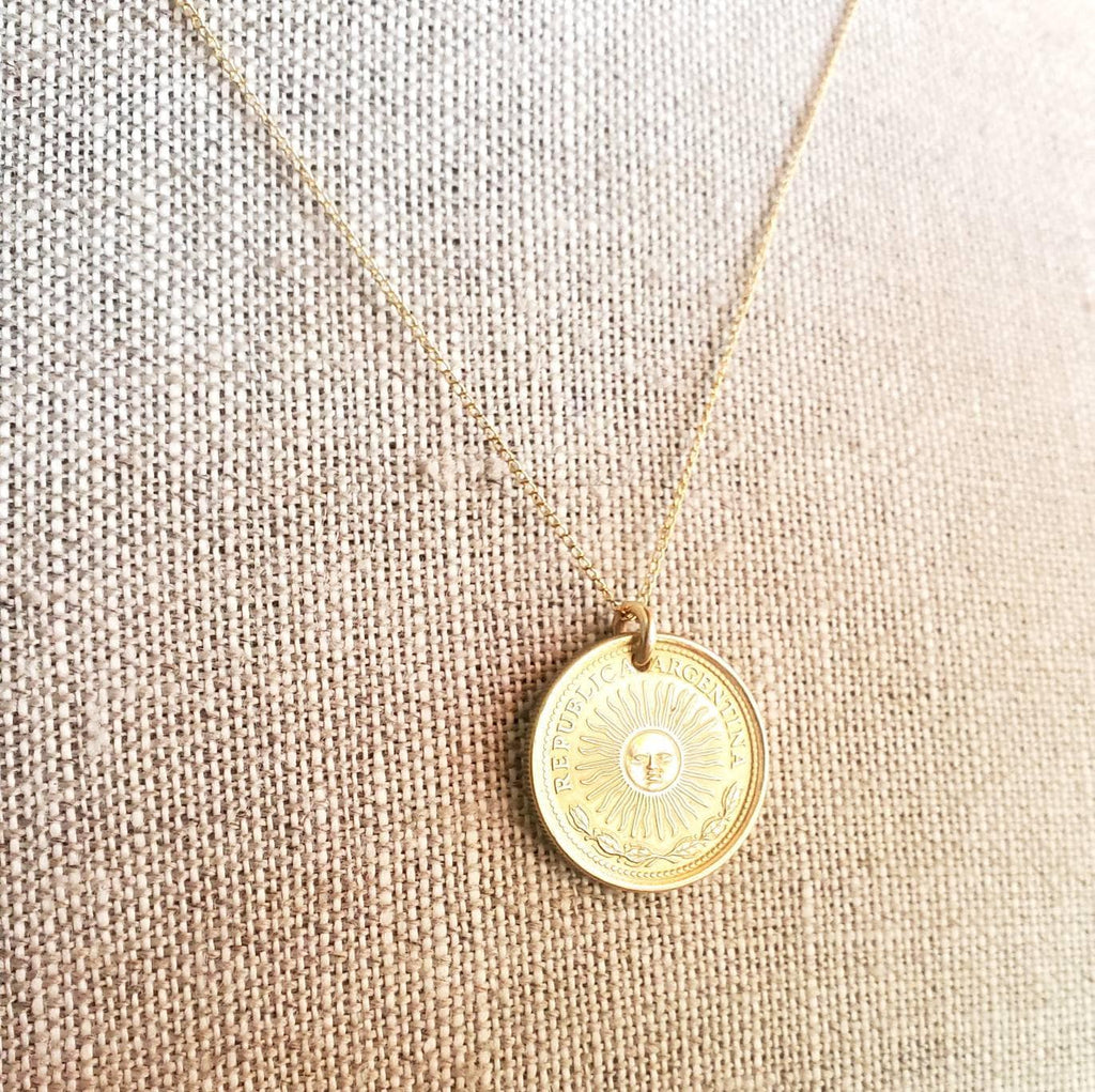 1975 Argentina Gold Sun Coin Necklace, 1 Peso, 12K Gold Filled 18 Inch Curb Chain, Gift Boxed, Made in USA by E. Ria Designs