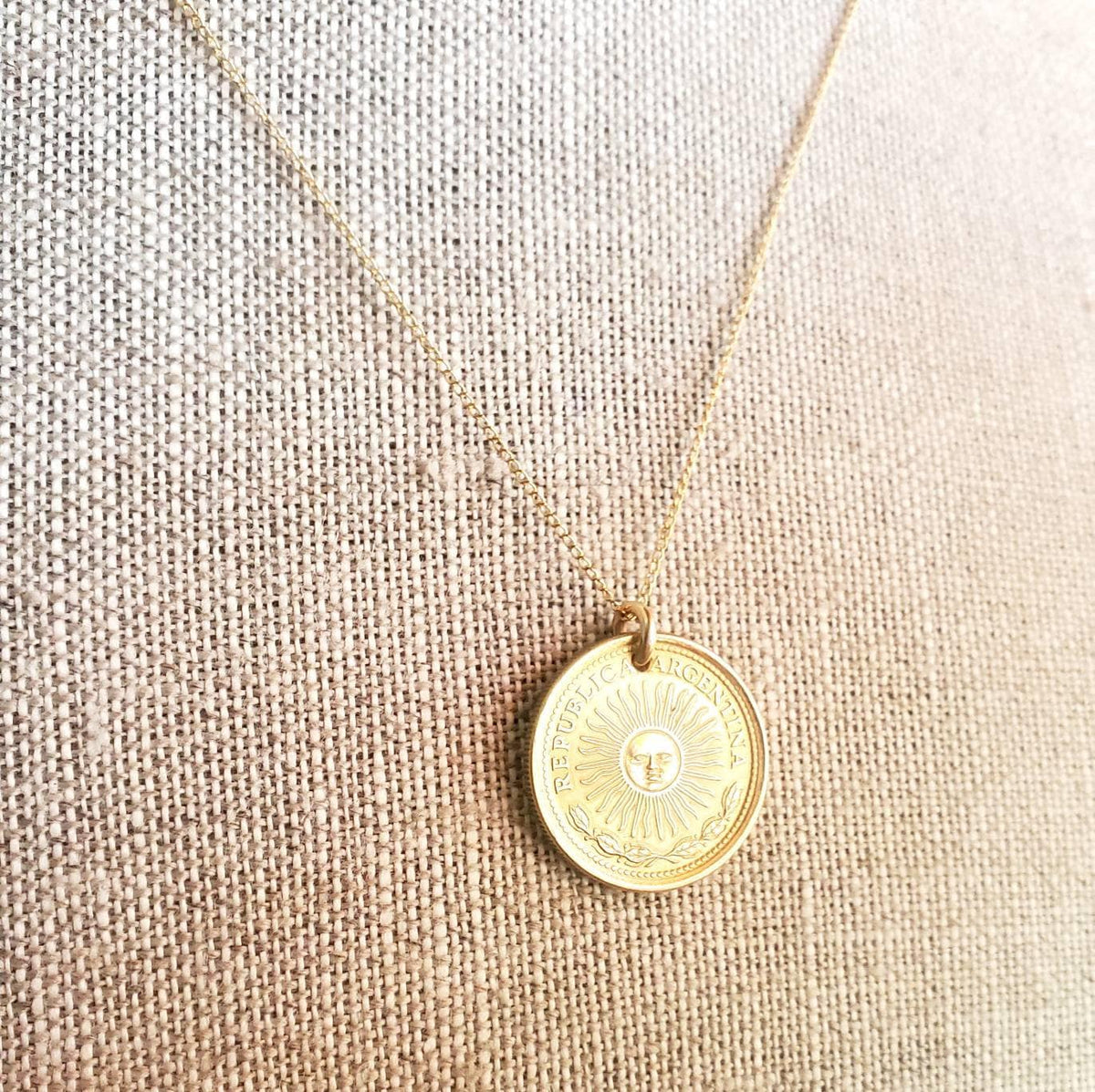 1975 Argentina Gold Sun Coin Necklace, 1 Peso, 12K Gold Filled 18 Inch Curb Chain, Gift Boxed, Made in USA by E. Ria Designs