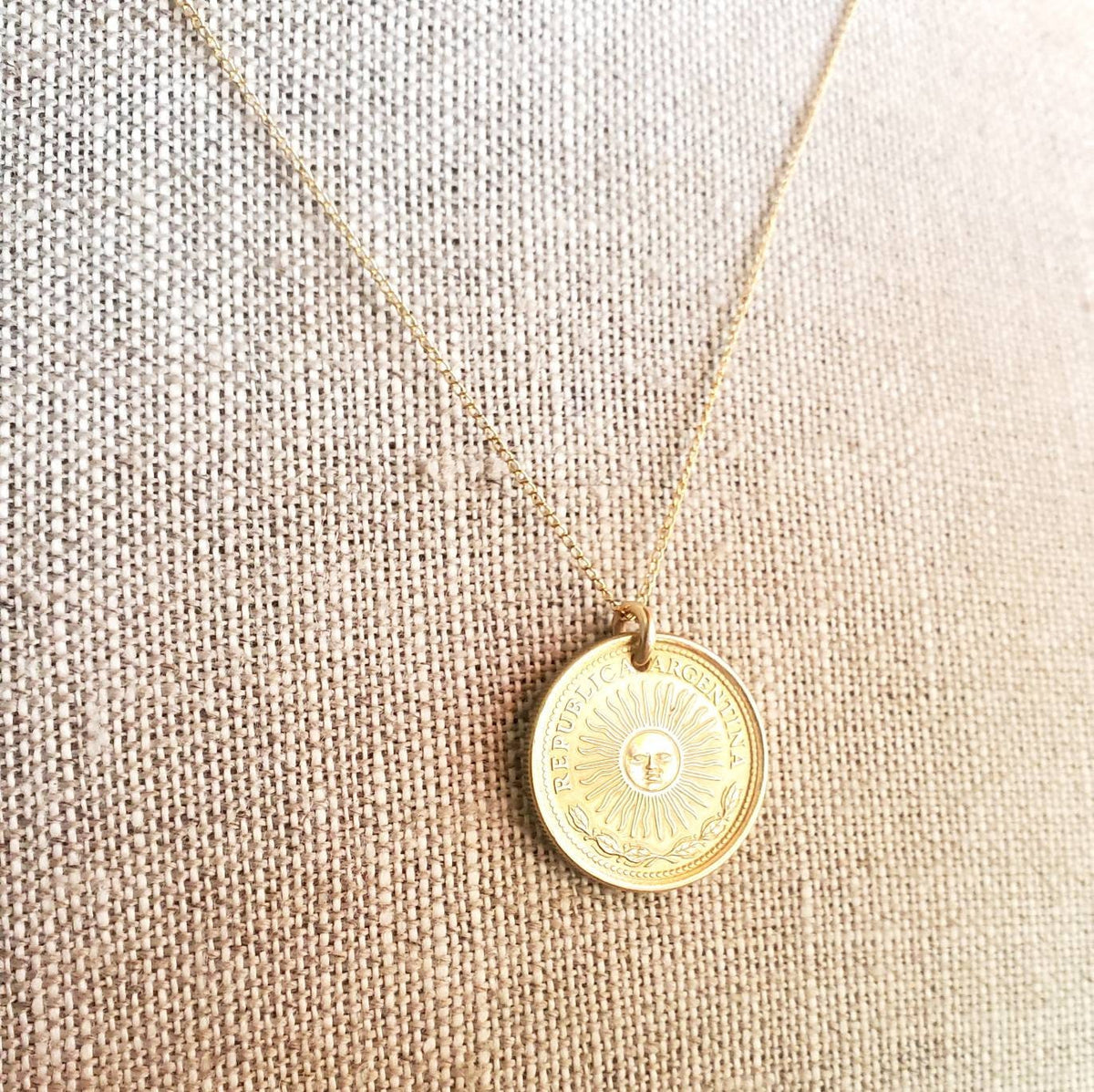 1974, 1975, or 1976 Argentina Gold Sun Coin Necklace, 1 Peso, 12K Gold Filled 18 Inch Curb Chain, Gift Boxed, Made in USA by E. Ria Designs