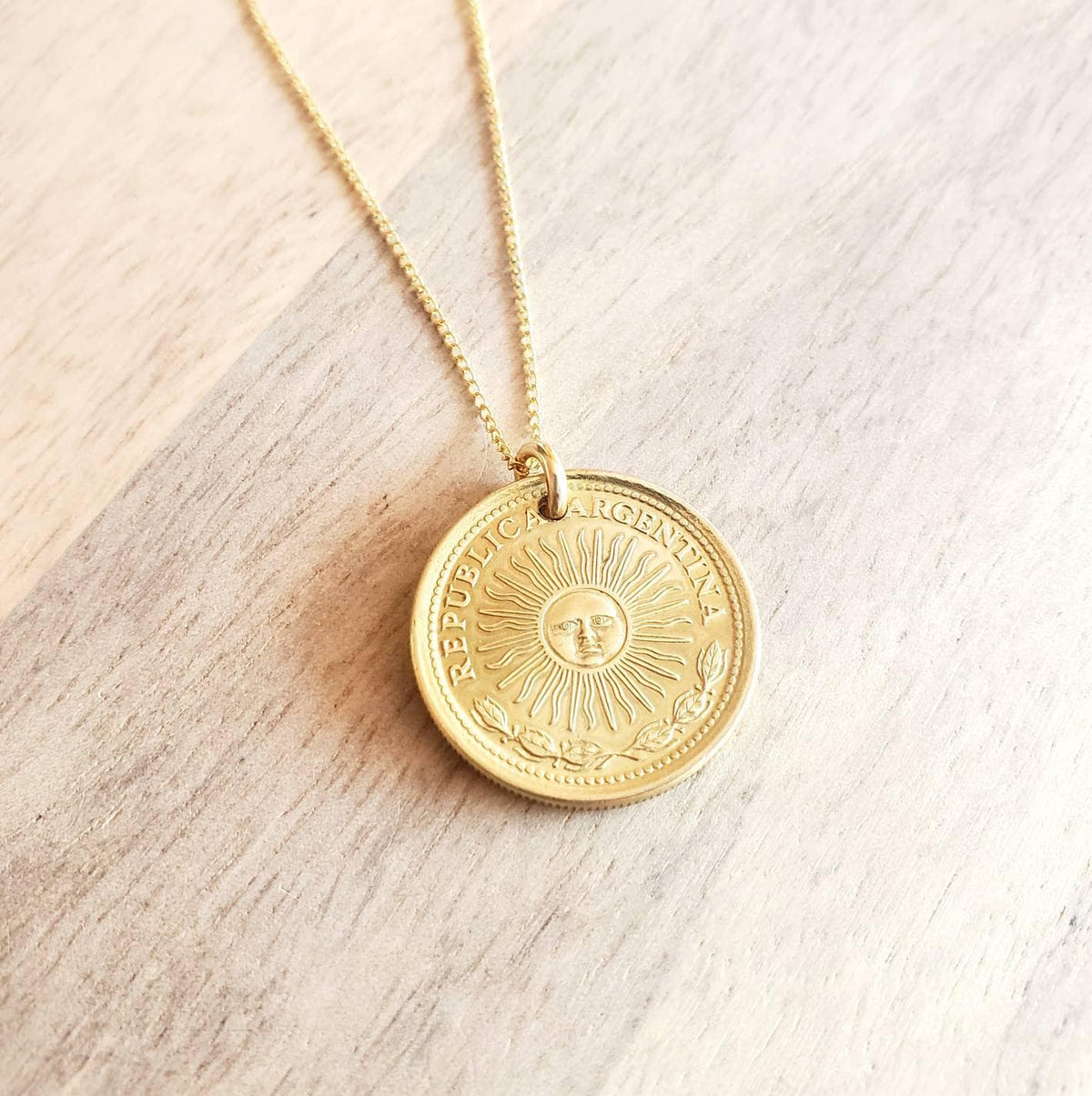 1975 Argentina Gold Sun Coin Necklace, 1 Peso, 12K Gold Filled 18 Inch Curb Chain, Gift Boxed, Made in USA by E. Ria Designs