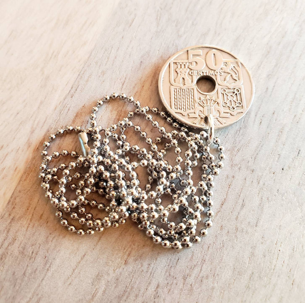 1949 Vintage Espana (Spain) Anchor Coin Necklace, Stainless Steel 30" Ball Chain, Gift Boxed, 50 Centimos Washer Coin